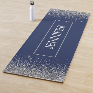 シルバーネービーブルーグリッターモノグラム名 ヨガマット