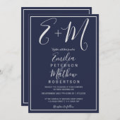 シルバーネービーブルータイポグラフィイニシャルズ 招待状 (正面/裏面)