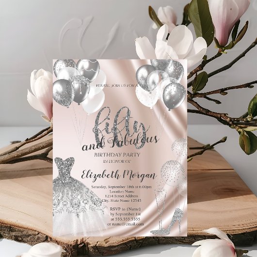 シルバーハイヒールドレスバルーン50誕生日 招待状