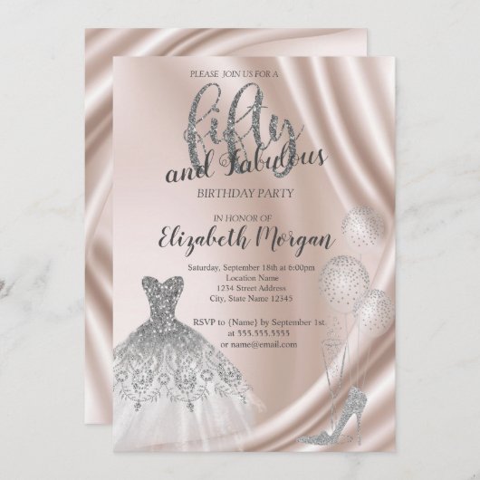 シルバーハイヒールドレス50thバースデーパーティー 招待状 (正面/裏面)