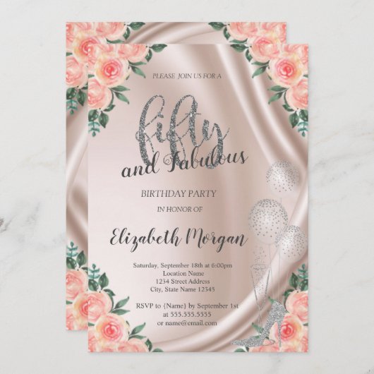 シルバーハイヒールバラ50thバースデーパーティー 招待状 (正面/裏面)