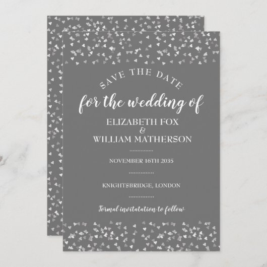 シルバーハートウェディング日付カードを保存 セーブザデート (正面/裏面)