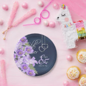 シルバーハートオンラベンダー&ネイビーサテン ペーパープレート (パーティー)