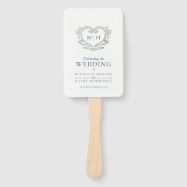 シルバーハートダークブルーとホワイトウェディングプログラム ハンドファン