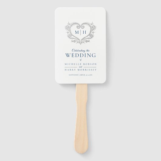 シルバーハートダークブルーとホワイトウェディングプログラム ハンドファン (正面)