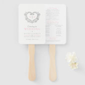 シルバーハートピンクと白の結婚式プログラム ハンドファン (正面&裏面)