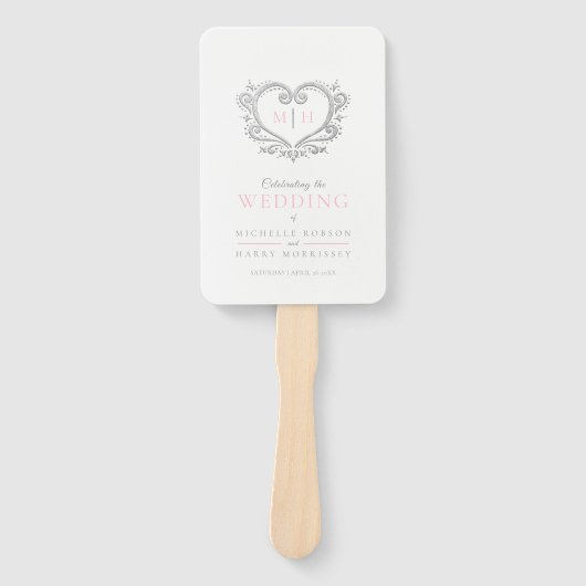 シルバーハートピンクと白の結婚式プログラム ハンドファン (正面)