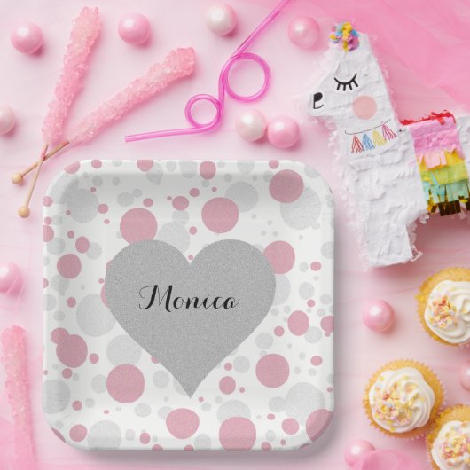 シルバーハートピンクブライダルシャワー水玉模様パーティー ペーパープレート (パーティー)