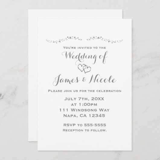 シルバーハート&スパークルホワイト結婚式招待状 招待状 (正面/裏面)