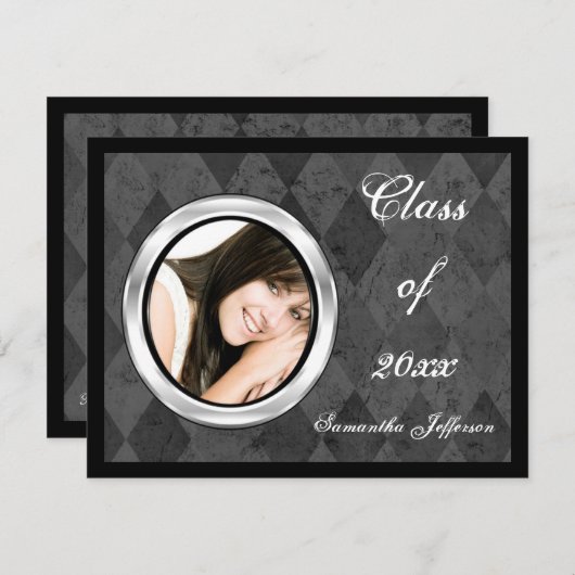 シルバーハーレキン丸枠写真卒業 招待状 (正面/裏面)