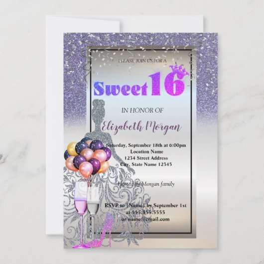 シルバーバイオレットグリッタードレス、ガラススウィート16パーティー 招待状 (正面)