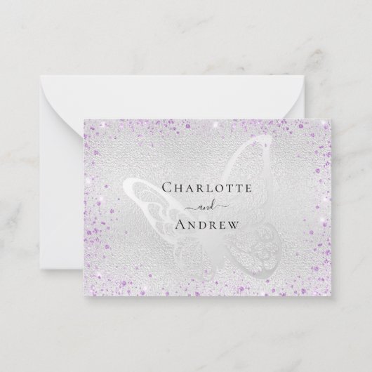 シルバーバイオレットグリッターバタフライウェディングRSVP ノートカード (裏面)