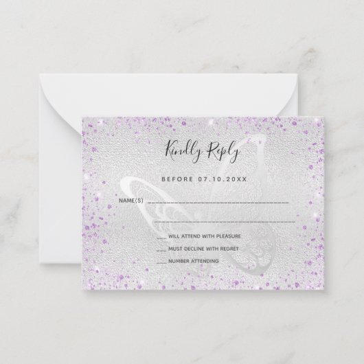 シルバーバイオレットグリッターバタフライウェディングRSVP ノートカード (正面)