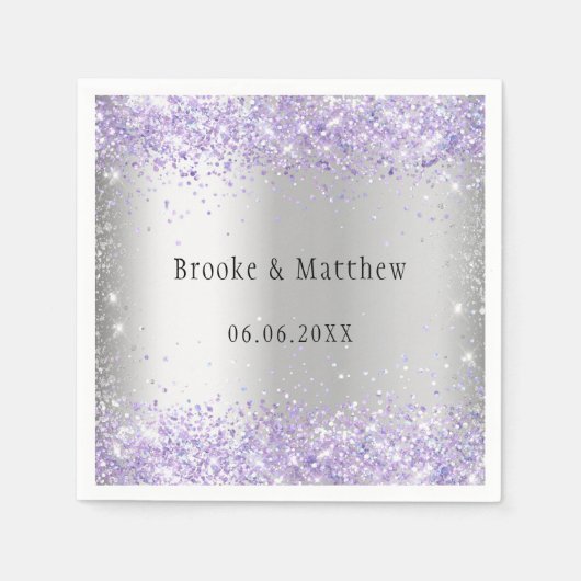 シルバーバイオレットパープルグリッターエレガントな結婚式 スタンダードカクテルナプキン (正面)