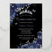 シルバーバタフライフローラネイビーブラックキンセアニェラ 箔招待状 (正面)