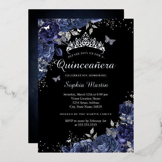 シルバーバタフライフローラネイビーブラックキンセアニェラ 箔招待状 (正面/裏面)