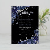 シルバーバタフライフローラネイビーブラックキンセアニェラ 箔招待状 (立ち正面)