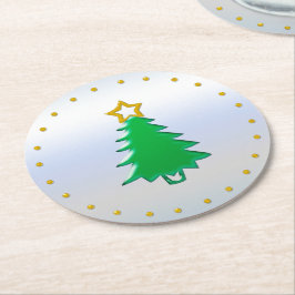 シルバーバックグラウンドに金ゴールド星を持つホリデーツリー ラウンドペーパーコースター