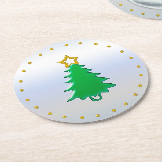 シルバーバックグラウンドに金ゴールド星を持つホリデーツリー ラウンドペーパーコースター (アングル)