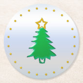 シルバーバックグラウンドに金ゴールド星を持つホリデーツリー ラウンドペーパーコースター (正面)