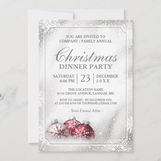 シルバーバブルス スノーフレーク クリスマス ホリデーパーティー 招待状 (正面)
