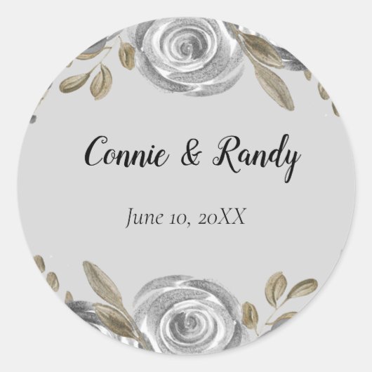 シルバーバラとセージ結婚リーフのシール ラウンドシール (正面)