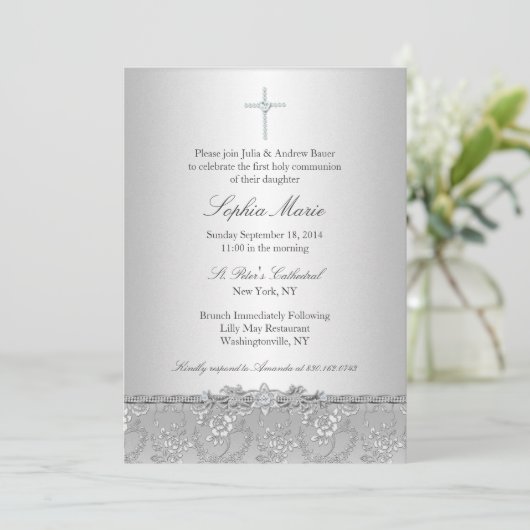 シルバーバラクロスバプテスマ/《キリスト教》洗礼式や命名式招待状 招待状 (スタンド正面)