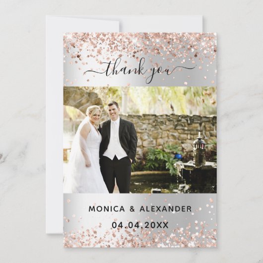 シルバーバラ結婚金ゴールドの写真サンキューカード 招待状 (正面)