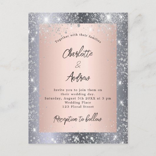 シルバーバラ金ゴールドエレガントな結婚式 インビテーションポストカード (正面)