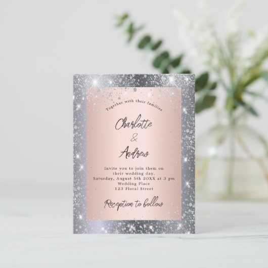 シルバーバラ金ゴールドエレガントな結婚式 インビテーションポストカード (スタンド正面)