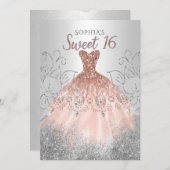 シルバーバラ金ゴールドスパークルドレススウィート16歳の誕生日 招待状 (正面/裏面)
