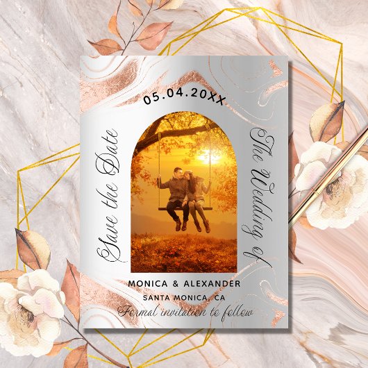 シルバーバラ金ゴールド写真結婚式の日付を保存 案内ポストカード