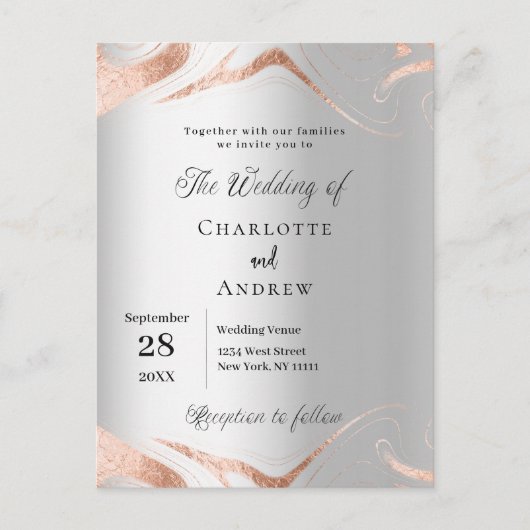 シルバーバラ金ゴールド大理石エレガントな結婚式 インビテーションポストカード (正面)