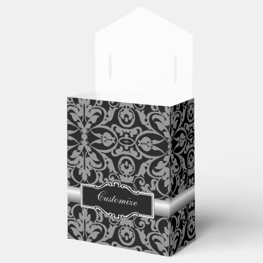 シルバーパーソナライズされたとブラックのダマスクのテントのお願いボックス フェイバーボックス (オープン)