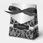 シルバーパーソナライズされたとブラックのダマスクのテントのお願いボックス フェイバーボックス (正面サイド)