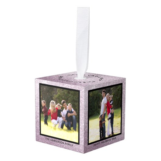 シルバーパーソナライズされたグリッターファミリーホリデーフォト キューブオーナメント (正面アングル)