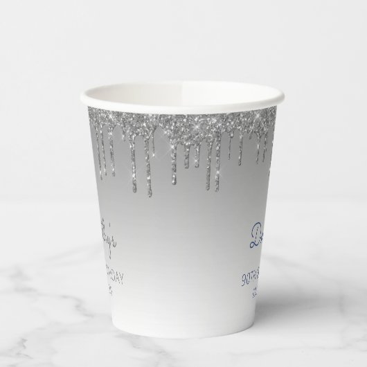 シルバーパーソナライズされたグリッター90thバースデーパーティー 紙コップ (左)