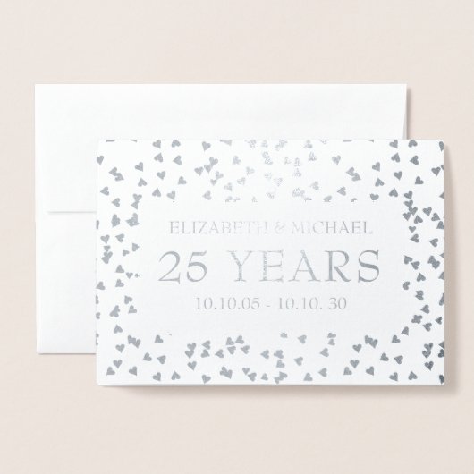 シルバーパーソナライズされたハート25周年記念 箔カード (封筒付き正面)