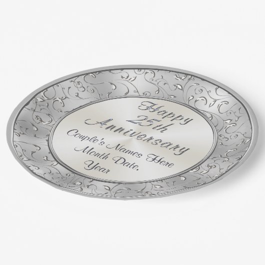シルバーパーソナライズされた25周年紙プレート ペーパープレート (アングル)