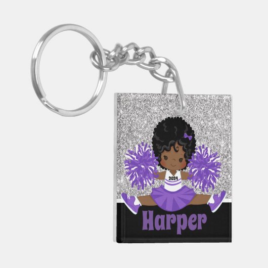 シルバーパーソナライズされた&パープルチアリーティングキーチェーン キーホルダー (正面左)