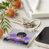 シルバーパーソナライズされた&パープルチアリーティングキーチェーン キーホルダー (正面右)