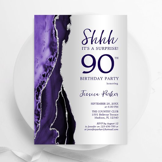 シルバーパープルアガテサプライズ90誕生日 招待状