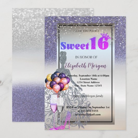シルバーパープルグリッターのドレス、グラススウィート16パーティー 招待状 (正面/裏面)