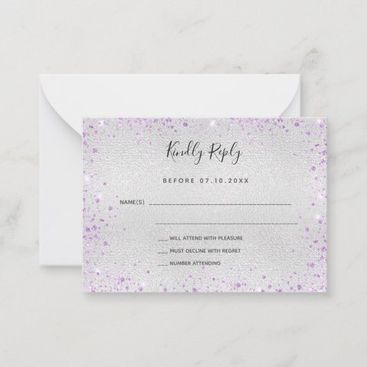 シルバーパープルグリッターエレガントな結婚式RSVP ノートカード (正面)