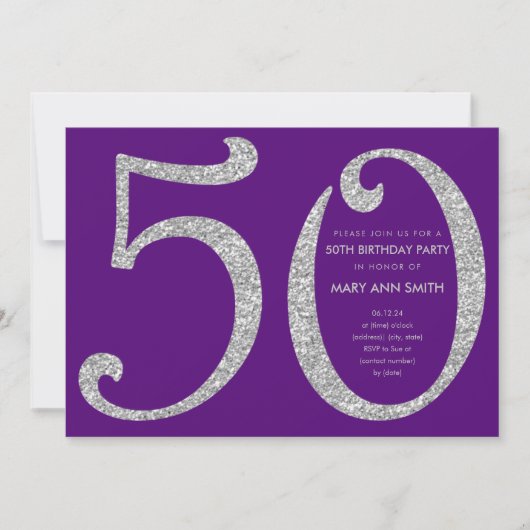 シルバーパープルグリッターサプライズ50歳の誕生日パーティー 招待状 (正面)