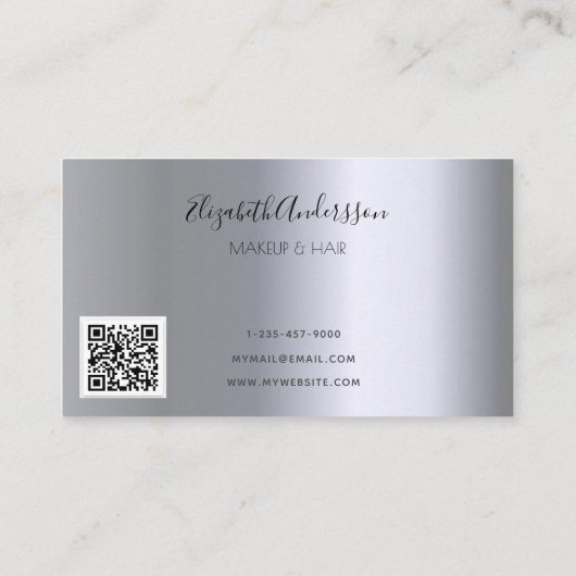 シルバーパープルグリッタードリップメイクアップヘアQRコード 名刺 (裏面)