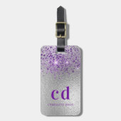 シルバーパープルグリッターモノグラムイニシャル ラゲッジタグ (正面縦)