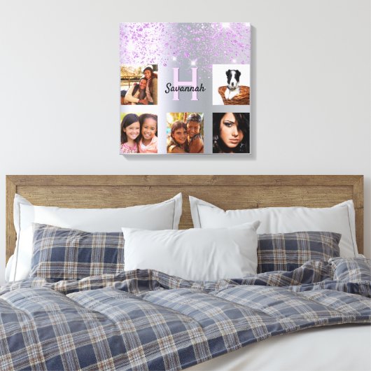 シルバーパープルグリッター写真コラージュ キャンバスプリント (インサイチュ (寝室))