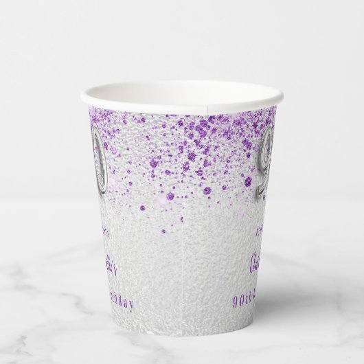 シルバーパープルグリッター名前をカスタムする90歳 紙コップ (右)