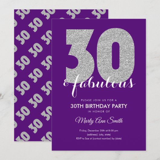 シルバーパープルグリッター30&ファボウス誕生日 招待状 (正面/裏面)